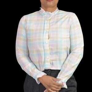 J Crew Shirt Pink Voile Ruffle Neck Pastel Plaid Classic Top Button Front Size 0